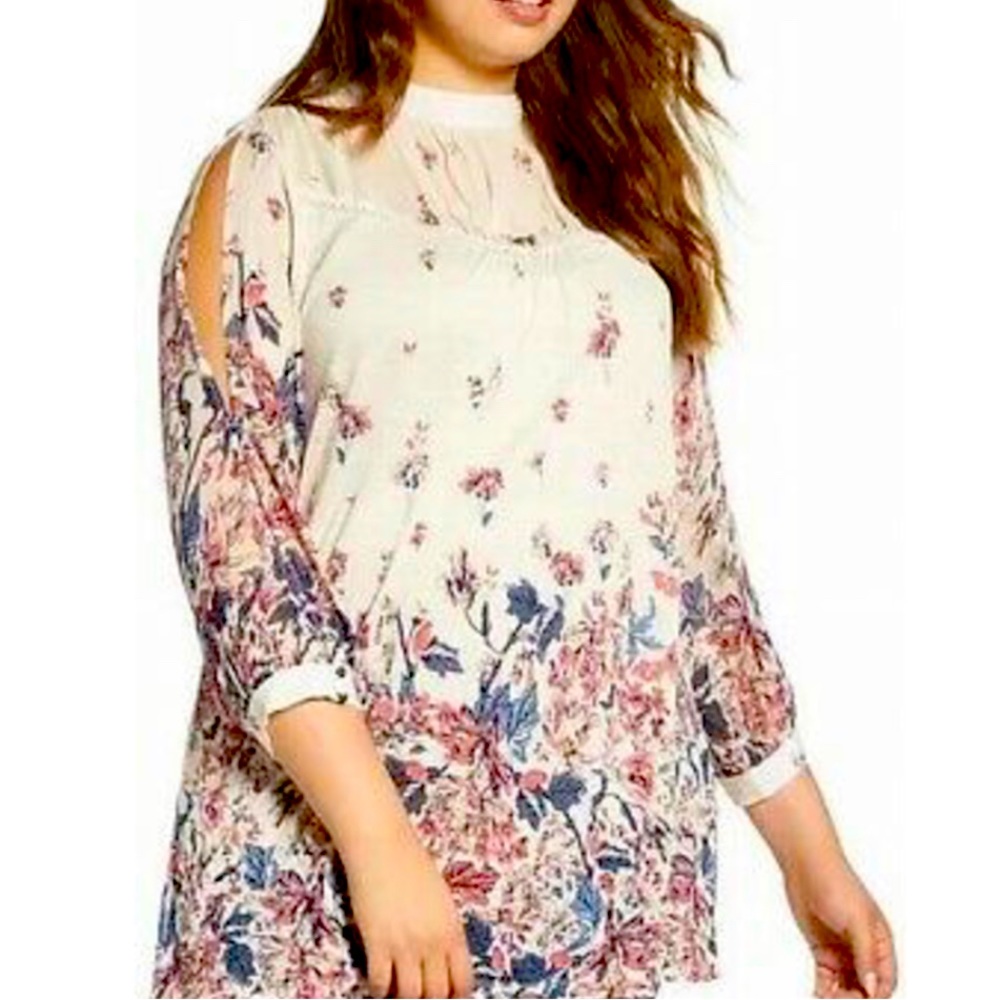 Lucky Brand Floral Open Sheer Sleeve Top